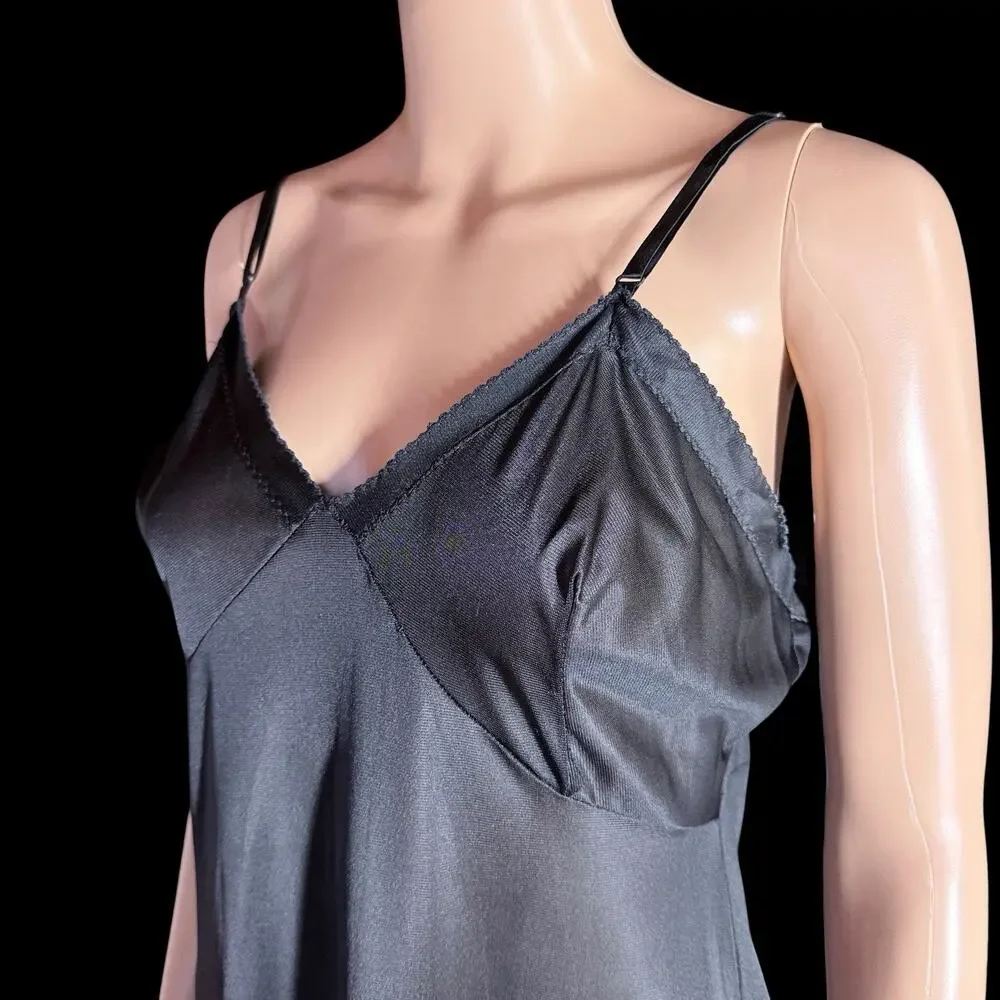 Vtg Black Slip Dress Nightgown Womens 38 Nylon Midi Union Made USA